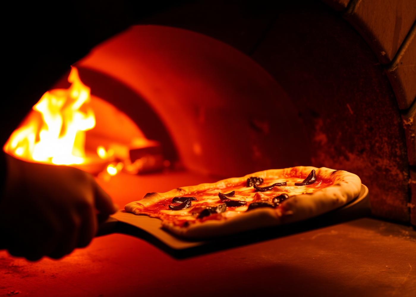 Cuptor pe lemne cu flăcări, pizzaiolo introduce o pizza